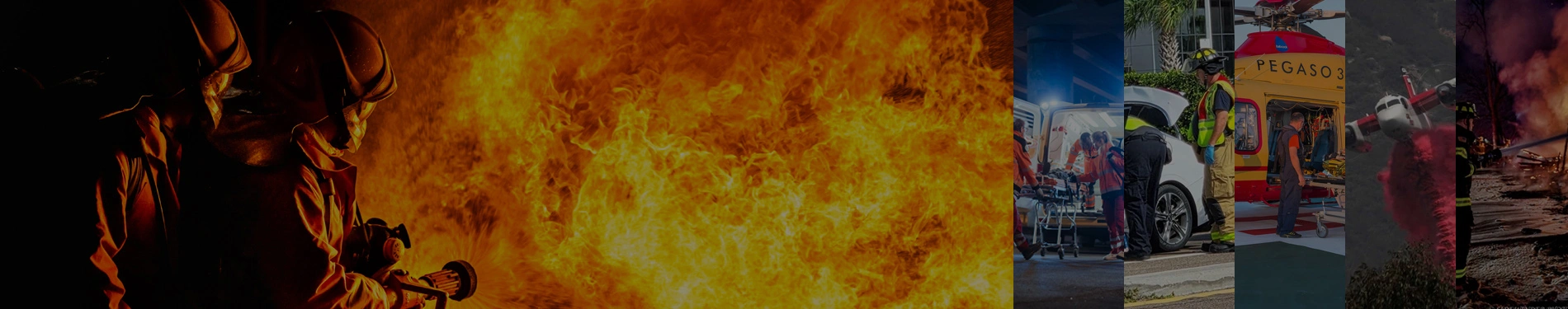 Emergency services collage featuring firefighters, ambulances, helicopters, and rescue operations