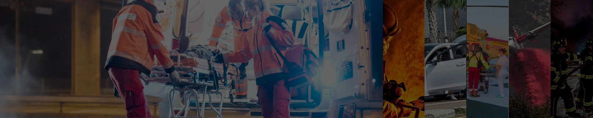 Emergency services collage featuring firefighters, ambulances, helicopters, and rescue operations