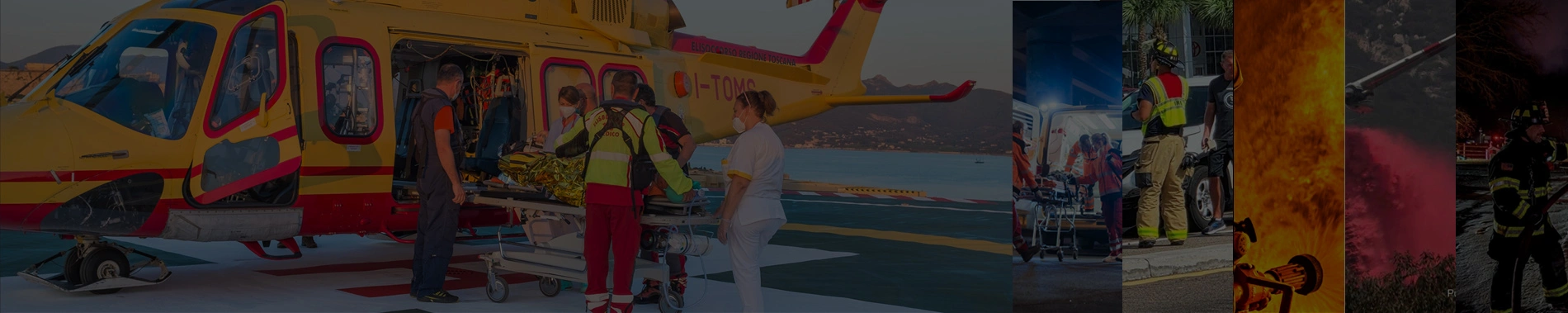 Emergency services collage featuring firefighters, ambulances, helicopters, and rescue operations